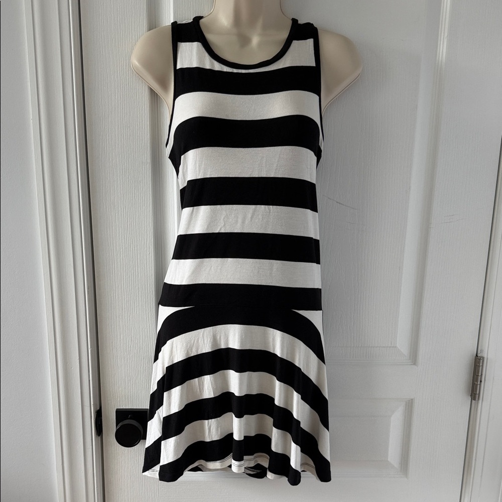 LOFT Black White Striped Fit Flare Tank Dress Petite Small